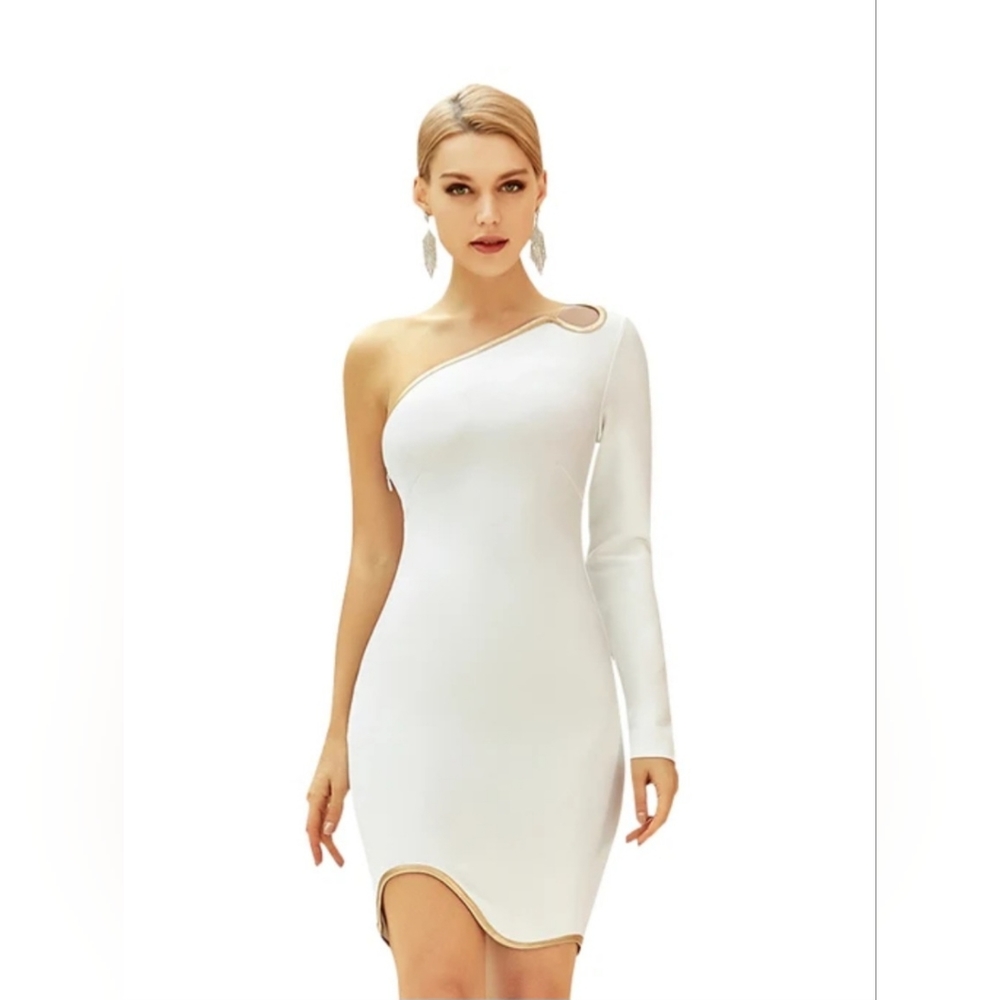 White bandage one shoulder long sleeve mini dress